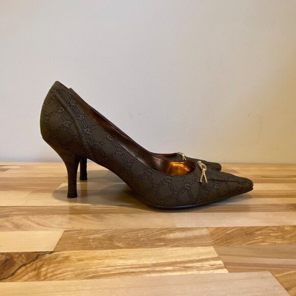 Etienne Aigner Brown Designer Patterned Kitten Heels tan brown gold bow Size 5.5 - Picture 3 of 16